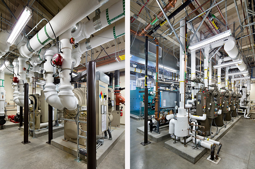 Two areas in the central utility plant, left is the chiller room, right is the boiler room