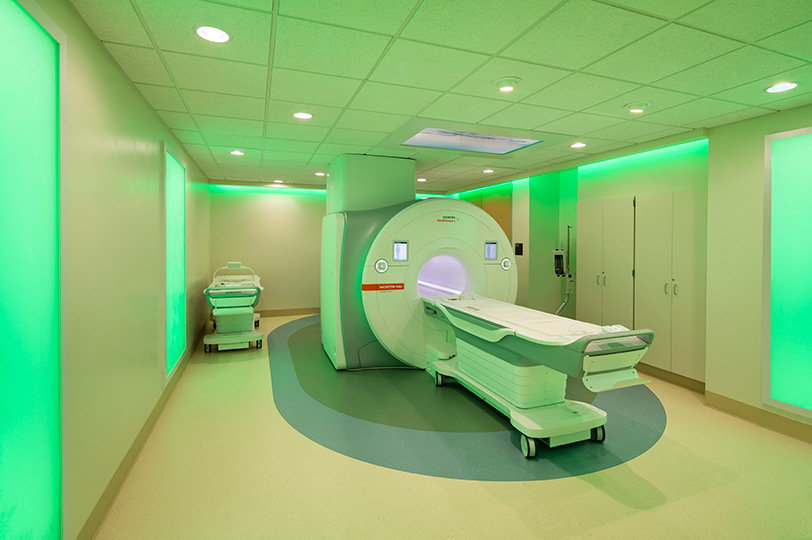 Interior view of MRI equipment room with special lighting
